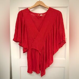 Anthropologie Moth Red Orange Loose Knit Sweater Wrap Poncho Asymmetrical top